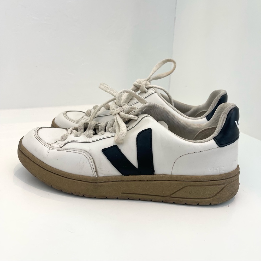 Veja V-12 White and Black Leather Dune Tie Lace Up Court Shoes Sneakers Size 7